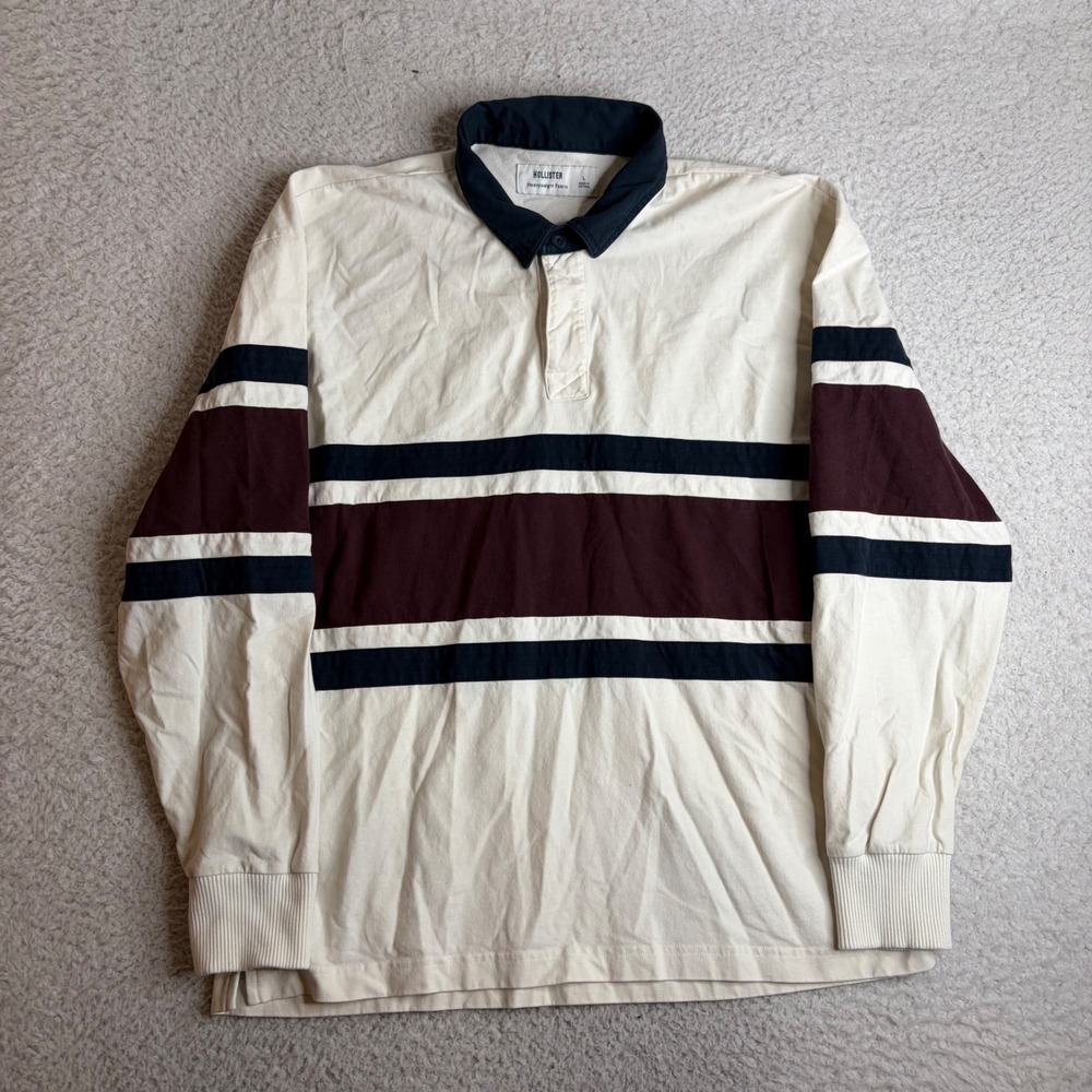 Hollister Mens Heavyweight Fabric Long Sleeve Rugby Shirt Cream Navy Burgundy L
